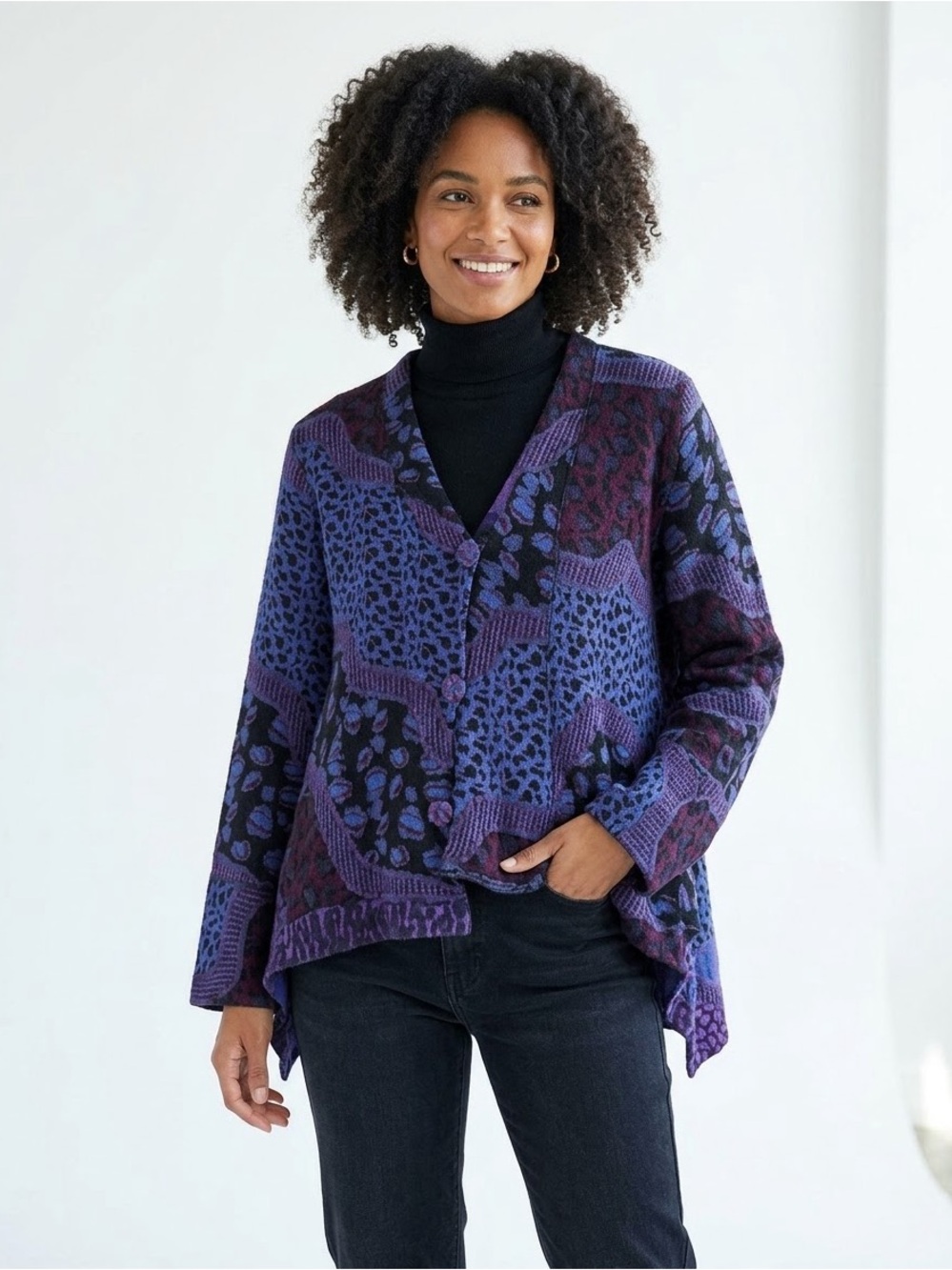 BABA 100% Wool Patchwork Animal Print Cardigan Jacket | One Size